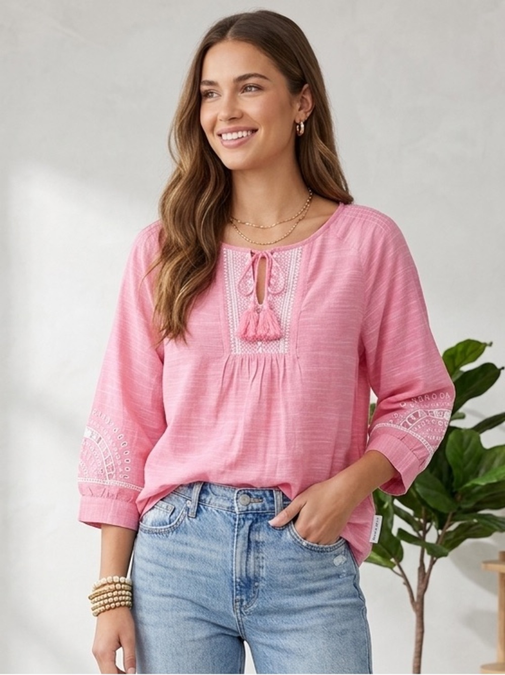 Talbots Pink Embroidered Tassel Peasant Blouse